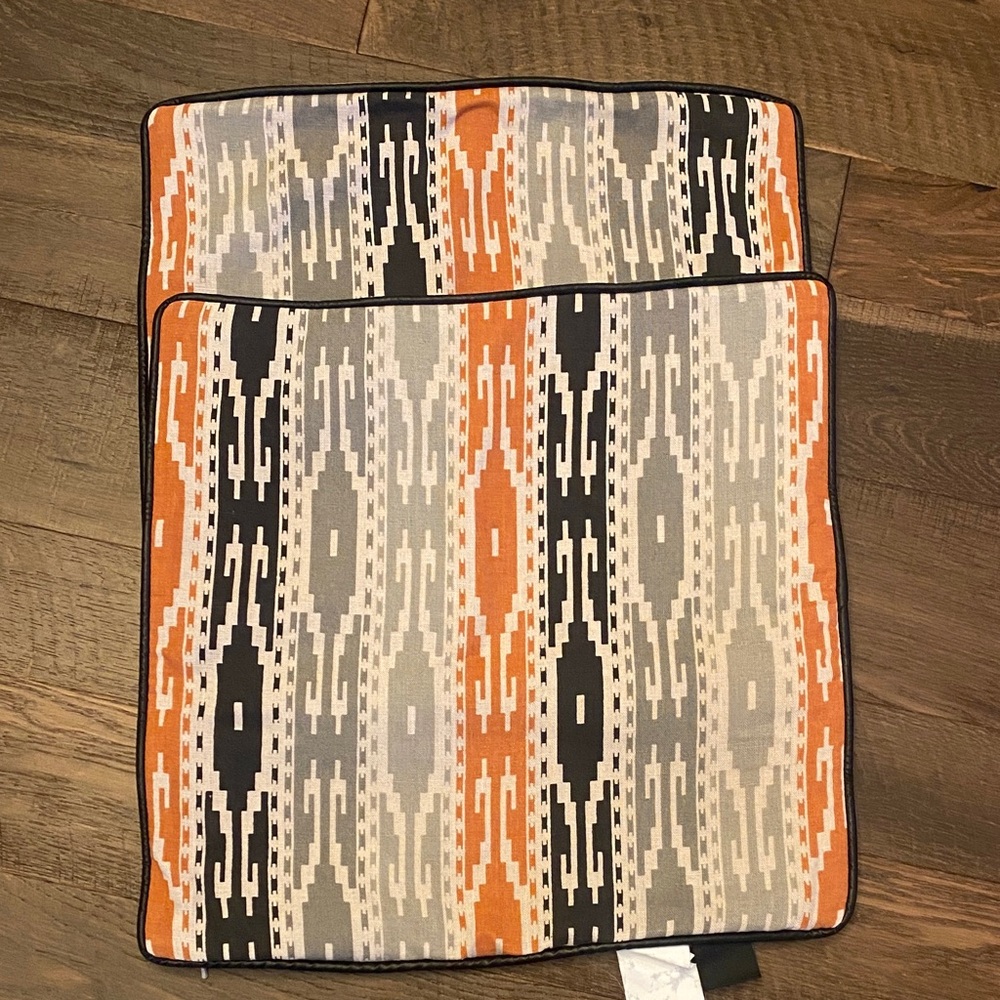 2- “Villa” linen and leather  Accent Pillow cover - Orange, Black, Gray